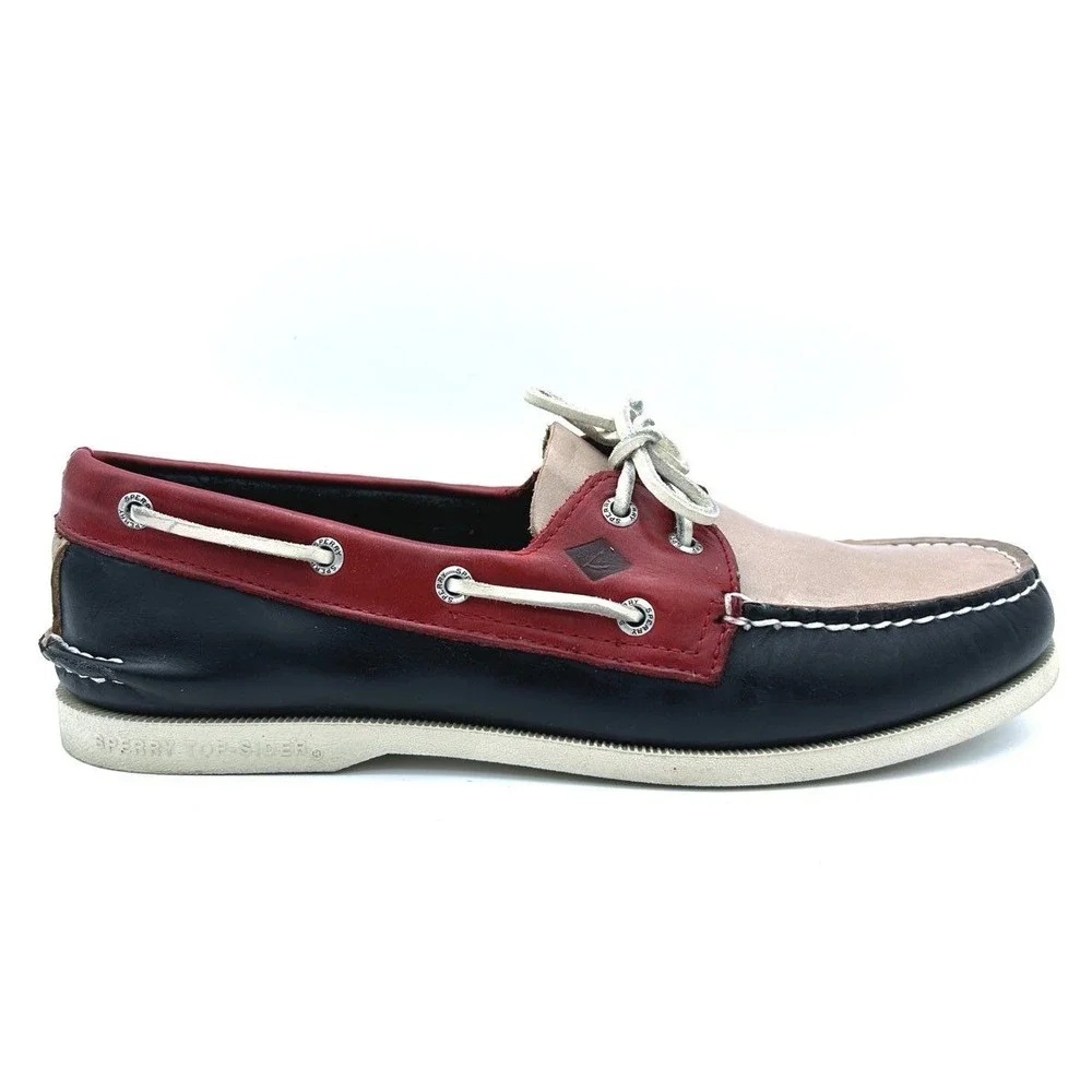 Sperry Top-Sider Men's 10.5M Blue Red Beige Leather Boat Shoes STS14045